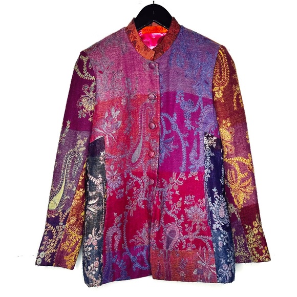 Moksha Blazer Pink Orange Tapestry Art Patchworks Wool Silk Lined Buttons Size S